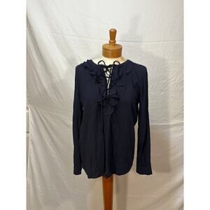 Navy Blue LOFT Blouse Long Sleeve Ruffle Neckline (Medium)